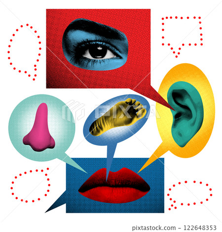 Abstract art collage. Perception. Different senses communicate through speech bubbles, symbolizing diverse ways of interaction and exchange of information. Abstract art collage. Perception. Different senses communicate through speech bubbles, symbolizing diverse ways of interaction and exchange of information. 122648353