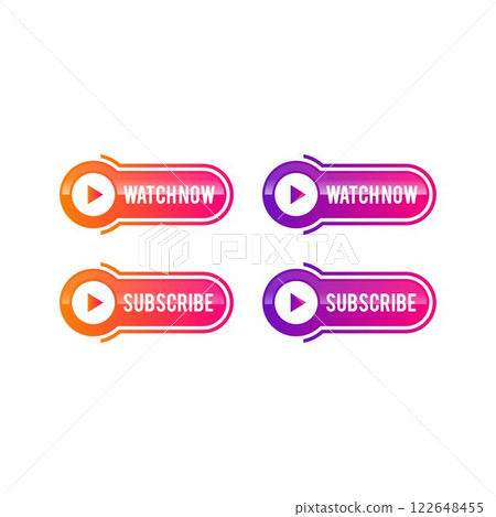 Set of 3d web buttons. Action button, hand cursor arrow pointing click link buttons. Subscribe, 122648455