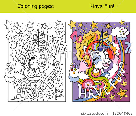 Cute musical unicorn wearing headphones coloring and color template 122648462