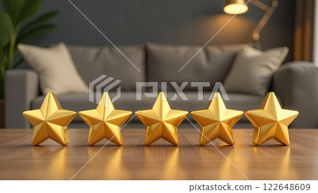 Five golden stars lined up on a wooden surface with a cozy living room setting blurred in the background. Concept of high-quality. 122648609