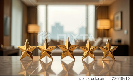 Five golden stars displayed on a marble table in front of a blurred hotel suite. Concept of top tier service.                        122648610