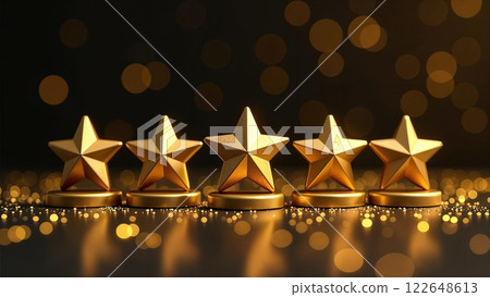 Five golden stars on stands with glittering bokeh lights in the background signifying excellent rating. Concept of excellence. 122648613