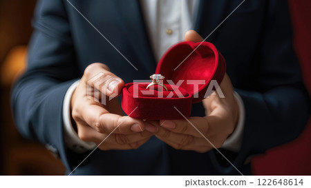 A man in a suit presents a diamond ring in a heart-shaped red box. Concept of commitment. 122648614