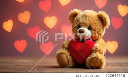 A cute plush toy bear holding a red heart against a backdrop of blurred, glowing hearts. Concept of tenderness. 122648616