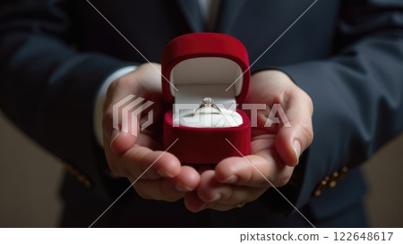 A man holding a red velvet box with a diamond engagement ring. Concept of commitment. 122648617