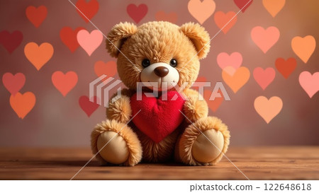 A plush toy bear holding a red heart with blurred heart lights in the background. Concept of affection. A plush toy bear holding a red heart with blurred heart lights in the background. Concept of affection. 122648618