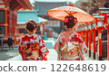 Two girls in kimonos walk through a Japanese temple, one holding a parasol. Concept of tradition. 122648619