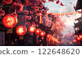 A street in Japan adorned with red lanterns and cherry blossoms for Golden Week. Concept of celebration. 122648620