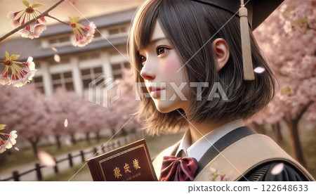 High school girls taking graduation photos under the cherry blossom trees 122648633