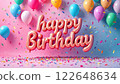 Colorful balloons and confetti surround rose gold "Happy Birthday" balloon letters against a split pink and blue background. Concept of: Birthday celebration. 122648634