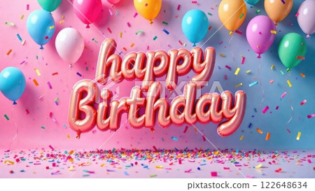 Colorful balloons and confetti surround rose gold "Happy Birthday" balloon letters against a split pink and blue background. Concept of: Birthday celebration. 122648634