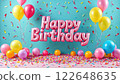 Pink "Happy Birthday" balloon letters float amidst colorful balloons and confetti against a bright blue backdrop. Concept of: Festive birthday celebration. 122648635