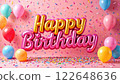 A cheerful pink background filled with colorful balloons and confetti sets the stage for gold and pink "Happy Birthday" balloon letters. Concept of: Birthday celebration. 122648636