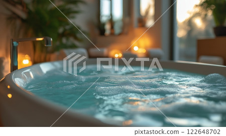 Modern white bathtub with soothing bubbles in a relaxing spa setting 122648702