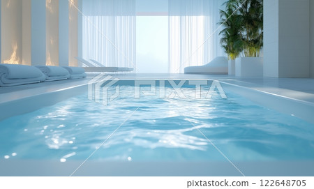 a modern white bathtub filled with clear water invites relaxation 122648705