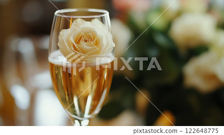 Elegant drink with a rose decoration at a celebration event 122648775