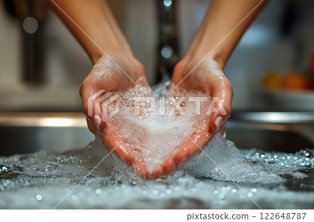 Washing hands with soap in a kitchen sink for hygiene and cleanliness 122648787