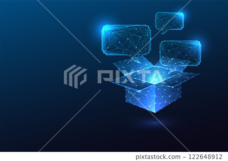 Glowing chat bubbles emerging from open box on dark blue background. Innovative communication 122648912