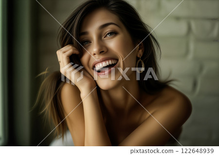 Beautiful young woman with a radiant smile and joyful expression. AI generated 122648939
