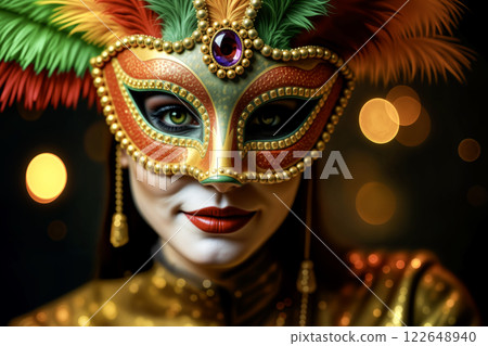 Elegant woman in Venetian carnival mask with gold, feathers. AI generated 122648940