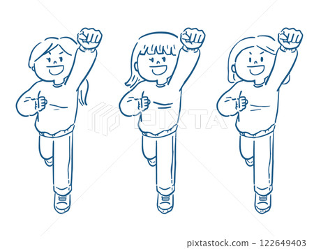 Line drawing illustration set of a woman raising her fist, full body Line drawing illustration set of a woman raising her fist, full body 122649403