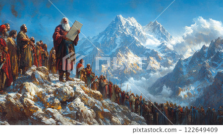 Moses descends Mount Sinai holding stone tablets of covenant while Israelites wait below some praying in faith and others distracted fear and worldly concerns. 122649409