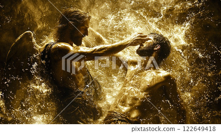 Abraham filled emotion is stopped angel from sacrificing Isaac who looks up both fear and relief. Radiant wings and divine glow illuminate tense moment. 122649418