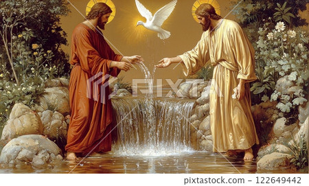 In Jordan River Jesus receives baptism from John Baptist while Holy Spirit descends as dove from radiant light above illuminating sacred moment. In Jordan River Jesus receives baptism from John Baptist while Holy Spirit descends as dove from radiant light above illuminating sacred moment. 122649442
