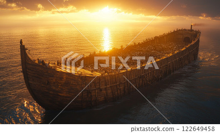 Noah's Ark is anchored on Mount Ararat as dawn breaks behind it. landscape below is still flooded but dry patches emerge and Noah patiently awaits animals' departure onto solid ground. 122649458