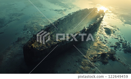 Noahs Ark rests on Mount Ararat as dawn breaks illuminating world recovering from flood. Noah stands bow animals stir and land emerges from waters. 122649459