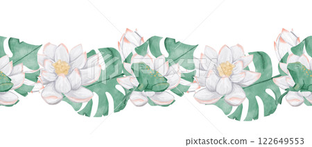 Seamless Watercolor Tropical Border with White Water Lily Flowers, Sleeping Green Frog, Lush Exotic Foliage, for Design Print, Web, Textile, Tape and other Products Seamless Watercolor Tropical Border with White Water Lily Flowers, Sleeping Green Frog, Lush Exotic Foliage, for Design Print, Web, Textile, Tape and other Products 122649553