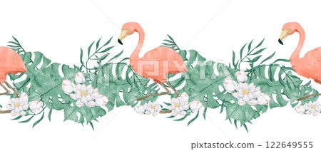 Seamless Watercolor Tropical Border with Pink Flamingo, White Lotus Flowers, Lush Exotic Foliage, for Design Print, Web, Textile, Tape and other Products Seamless Watercolor Tropical Border with Pink Flamingo, White Lotus Flowers, Lush Exotic Foliage, for Design Print, Web, Textile, Tape and other Products 122649555