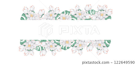 Watercolor Illustration Tropical Frame with Lush Foliage and White Lotuses, Template for Print, Textile and Web Watercolor Illustration Tropical Frame with Lush Foliage and White Lotuses, Template for Print, Textile and Web 122649590