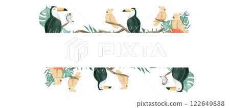 Watercolor Illustration Tropical Frame with Exotic Birds Toucans and Yellow Parrots, Template for Print, Textile and Web Watercolor Illustration Tropical Frame with Exotic Birds Toucans and Yellow Parrots, Template for Print, Textile and Web 122649888