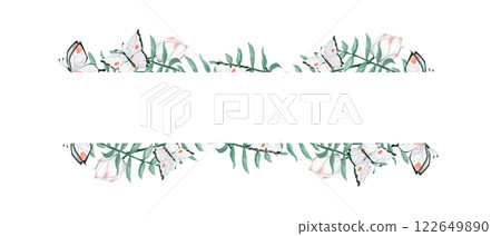 Watercolor Illustration Tropical Frame with White Flower Buds, Butterflies and Exotic Leaves, Template for Print, Textile and Web	 122649890