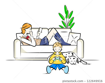 A high school girl (older sister) looking at her smartphone on the living room sofa and a boy (younger brother) playing a game, a dog | Family series 122649916
