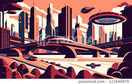 Space futuristic city on a planet with flying ships. 122649979