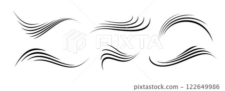 Wind motion line set. Flowing waves collection. Blowing hurricane, breeze or storm lines concept. Black swirls, curves and spirals bundle. Air movement and gust symbol pack. Vector 122649986