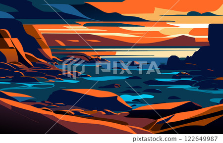 Vibrant landscape with rocky shore, vector illustration. 122649987