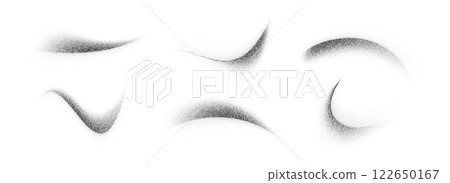 Stippled curved brush strokes set. Wavy grainy spray elements collection. Black flowing sand splashes pack. Dotted noise gradient shades bundle. Splattered dust particle textured waves. Vector Stippled curved brush strokes set. Wavy grainy spray elements collection. Black flowing sand splashes pack. Dotted noise gradient shades bundle. Splattered dust particle textured waves. Vector 122650167