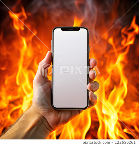 Hand Holding Blank Smartphone Screen Against Fiery Background Hand Holding Blank Smartphone Screen Against Fiery Background 122650261