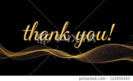 The design features a stylish 'thank you!' written in golden text on a black background. Gentle waves of golden light add elegance to the overall appearance, creating a celebratory feel. The design features a stylish 'thank you!' written in golden text on a black background. Gentle waves of golden light add elegance to the overall appearance, creating a celebratory feel. 122650383