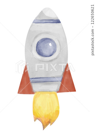 Watercolor Flying Rocket Spaceship with Round Porthole and Flame in Simple Childish Style Clipart Illustration for Textile, Print and Web Design Watercolor Flying Rocket Spaceship with Round Porthole and Flame in Simple Childish Style Clipart Illustration for Textile, Print and Web Design 122650621