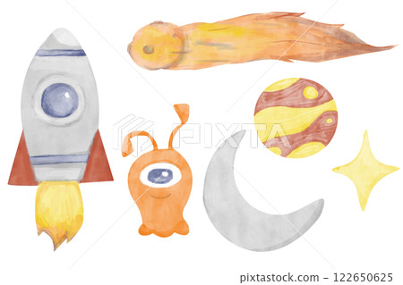 Watercolor Set Collection with Space Illustrations: Comet, Planet, Star, Moon, Rocket, Alien, for Print, Textile, Postcards, Web 122650625