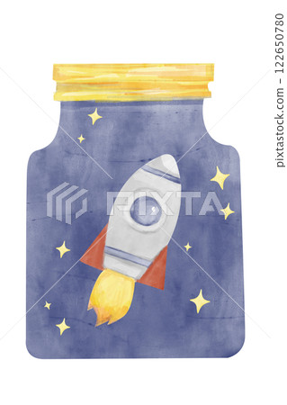 Watercolor Illustration Space Jar with Starry Sky and Oval Spaceship, for Print, Textile, Cards, Web Watercolor Illustration Space Jar with Starry Sky and Oval Spaceship, for Print, Textile, Cards, Web 122650780