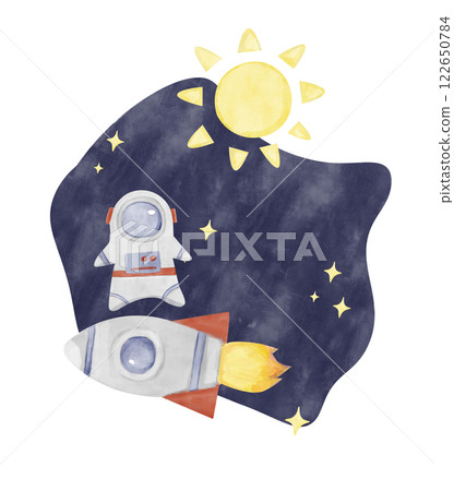 Watercolor Illustration Space with Rocket, Astronaut, Stars, Sun on Blue Backdrop, for Print, Textile, Postcards, Web	 122650784