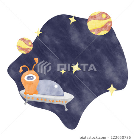 Watercolor Illustration Space with Alien, UFO, Blue Background, Stars and Planets, for Print, Textile, Postcards, Web 122650786