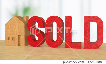 The Toy wood house and red sold text for Property or real estate concept 3d Rendering. The Toy wood house and red sold text for Property or real estate concept 3d Rendering. 122650883