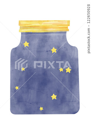 Watercolor Illustration Space Glass Jar with Metallic Yellow Lid, Night Starry Sky, for Print, Textile, Cards, Web	 122650928