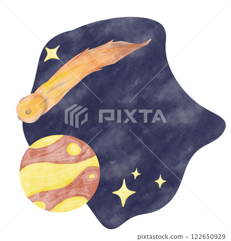 Watercolor Space Template with Illustrations: Dark Blue Background, Stars, Comet or Asteroid and Planet, for Print, Textile, Cards, Web	 122650929